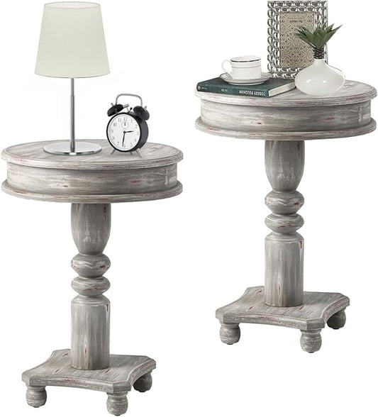 COSIEST Set of 2 Rustic Accent Side Table, Farmhouse Wood Pedestal Table Round End Table for Living Room, Bedroom, Distressed Whitewash Finish, Grey Color-Ruum Studio Home