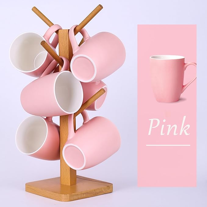 Coffee Mugs Set of 6, 12oz Ceramic Coffee Mugs with Handle, Matte Porcelain Pink Coffee Mug for Latte, Tea, Cocoa, Cappuccino, Cups for Women Men for Home Restaurant Mug (Pink)-Ruum Studio Home