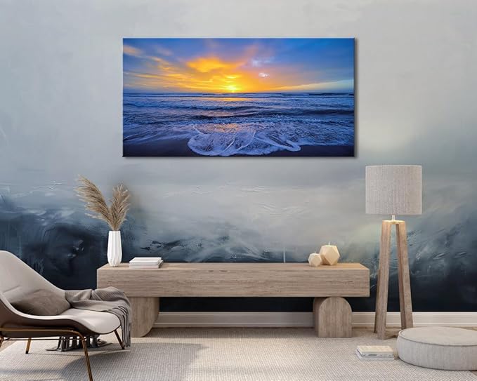 Wall Art Decor Large Sunset Canvas Print Picture Sunrise Ocean Beach Waves Scenery Modern Painting Artwork for Home Office Living Room Bedroom Decoration Framed Ready to Hang, 20x40Inch-Ruum Studio Home