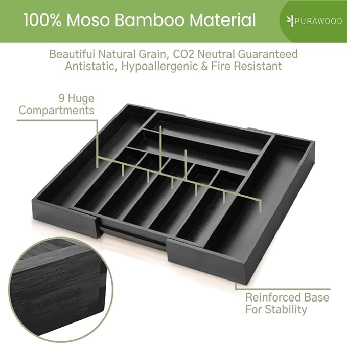 Purawood Bamboo Drawer Organizer - Expandable Silverware Organizer & Utensil Organizer, Cutlery Tray with Dividers, 7-9 Slots - Premium Kitchen Drawer Organizer for Utensils & Flatware (Black)-Ruum Studio Home