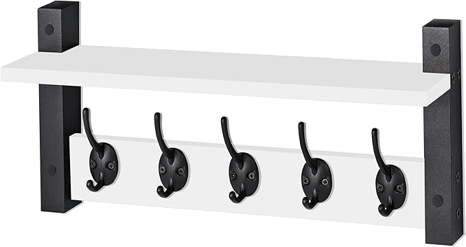 Sorbus Coat Hooks Wall Mount with Shelf – 16 Inch Coat Rack Wall Mount with 5 Heavy Duty Hooks – Floating Wall Shelf with Hooks for Entryway, Bathroom, Bedroom, Kitchen, or Mudroom (White)-Ruum Studio Home