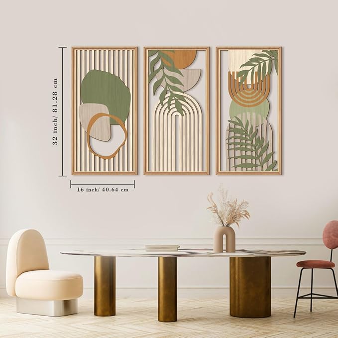 IARTTOP Large Boho Wood Wall Art Framed Mid-century Modern Wooden Wall Decor Set of 3 Green Bohemian Abstract Wall Art Decor For Bedroom Living Room Office-16 x32-Ruum Studio Home