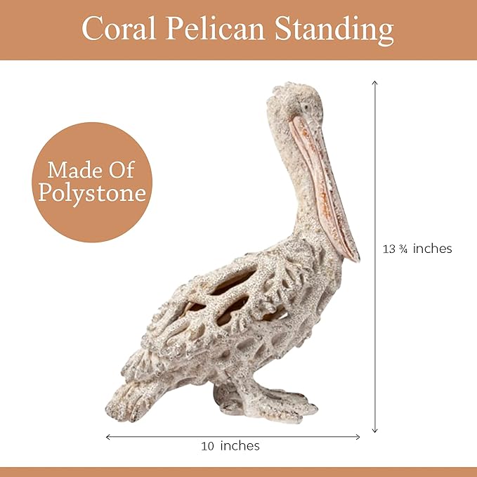 White Pelican Standing Figurine - 13.75” Coral Reef Nautical Decor Coastal Beach Home Accent Ocean Statue for Shelf, Tabletop, or Mantel Display-Ruum Studio Home