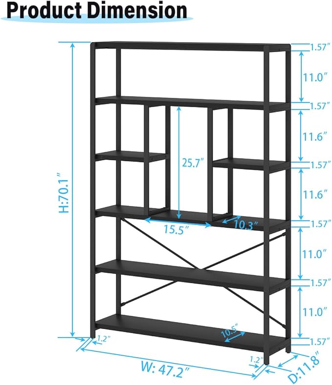 LVB 6 Tier Tall Black Bookshelf, Modern Large Wide Book Rack Storage, Industrial Wood Metal Etagere 6 Shelf Bookcase, Farmhouse Open Display Book Shelf Organizer for Bedroom Living Room Office, Black-Ruum Studio Home