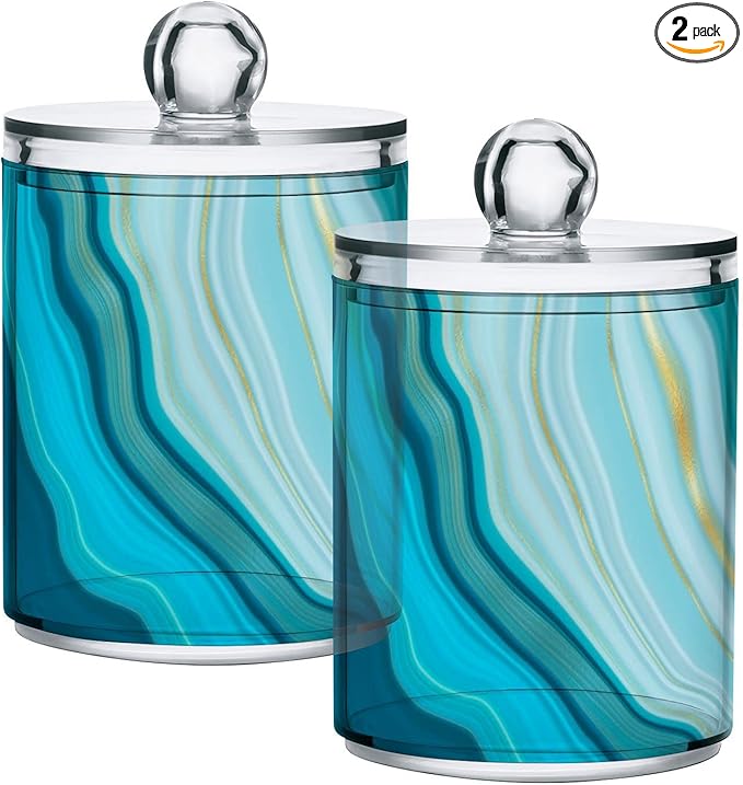 2 Pack Qtip Holder Dispenser Teal Turquoise Blue Marble Bathroom Storage Canister Lid Acrylic Plastic Apothecary Jar Set Vanity Makeup Organizer for Cotton Swab/Ball/Round Pads, Floss-Ruum Studio Home