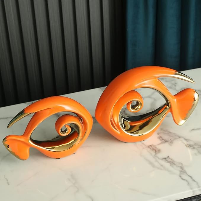 Orange Gold Ceramic Fish Figurines - Coastal Home Decor, Modern Ocean Centerpieces for Living Room, Dining Area, Bathroom, Office, Coffee Table, Beach House, Nautical, Seaside, Entrance, Shelf Display-Ruum Studio Home