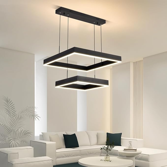 Modern Led Rectangle Chandelier for Dining Room, Dimmable Black Modern Chandelier with Remote, Adjustable Foyer Lighting Fixture-Ruum Studio Home