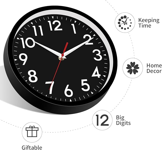 Wall Clock Black Battery Operated 10 Inch Simpel Silent Non Ticking Analog Decorative for Kitchen Bathroom Bedroom Office Living Room School Classroom(Black)-Ruum Studio Home