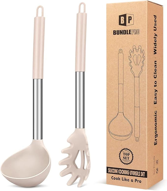 Silicone Pasta Fork and Ladle Spoon Set, Large Non Stick Kitchen Utensils for Cooking,Stirring,Serving Spaghetti, Soup, Sauce (KHAKI)-Ruum Studio Home