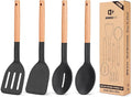 Pack of 4 Silicone Cooking Utensils Set, Non Stick Solid Spatulas and Heat Resistant Slotted Spoons with Wooden Handle, Ideal Wood Kitchen Utensils Set for Frying,Serving,Turning,Stirring (BLACK)-Ruum Studio Home