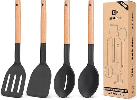 Pack of 4 Silicone Cooking Utensils Set, Non Stick Solid Spatulas and Heat Resistant Slotted Spoons with Wooden Handle, Ideal Wood Kitchen Utensils Set for Frying,Serving,Turning,Stirring (BLACK)-Ruum Studio Home