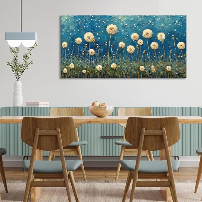 LASMOND Teal Dandelion Wall Art for Living Room Abstract Blowball Canvas Painting Prints Large Flower Floral Grassland Bedroom Decoration Modern Artwork Decor (40x20 Inches)-Ruum Studio Home