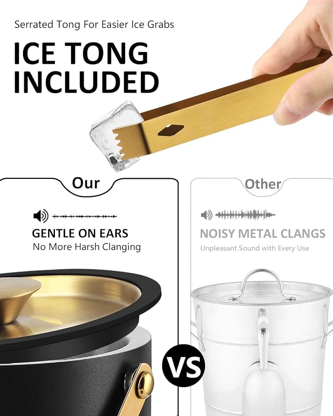 3L Ice Bucket with Silicone Lid, Scoop, Gold Tongs & Strainer, Stainless Steel Double Wall Insulated Ice Buckets for Parties & Cocktail Bar, Outdoor Champagne Ice Container Bin, Black-Ruum Studio Home