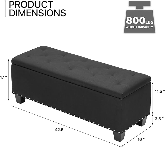 MoNiBloom 42 Inch Long Ottoman with Storage, Black Linen Foot Stool Upholstered Foam Padded Rectangular Fabric Tufted Bench Footrest for Living Room Bedroom Entry with 300 Lbs Capacity-Ruum Studio Home