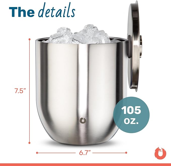 SNOWFOX Premium Vacuum Insulated Stainless Steel Ice Bucket with Lid/Tongs, Non-Rubber Bottom, Home Bar Accessories, Bartending Ice Buckets for Parties, Outdoor Entertaining Supplies, 3L, Steel-Ruum Studio Home