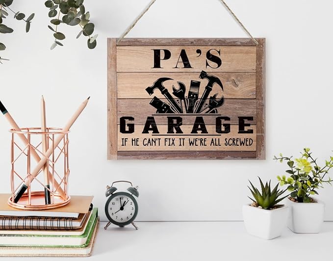 Rustic Father's Day Gift for Dad, Grandpa - Pa's Garage Decor Hanging Wood Sign - If He Can't Fix It We're All Screwed - Vintage Printed Wall Art-Ruum Studio Home