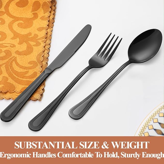 40 Pcs Black Silverware Set for 8 with Pearled Edge Handle design, Food Grade Stainless Steel Flatware Set, Eating Utensils Sets Include Fork/Knife/Spoon, Reusable Cutlery Set, Dishwasher Safe-Ruum Studio Home