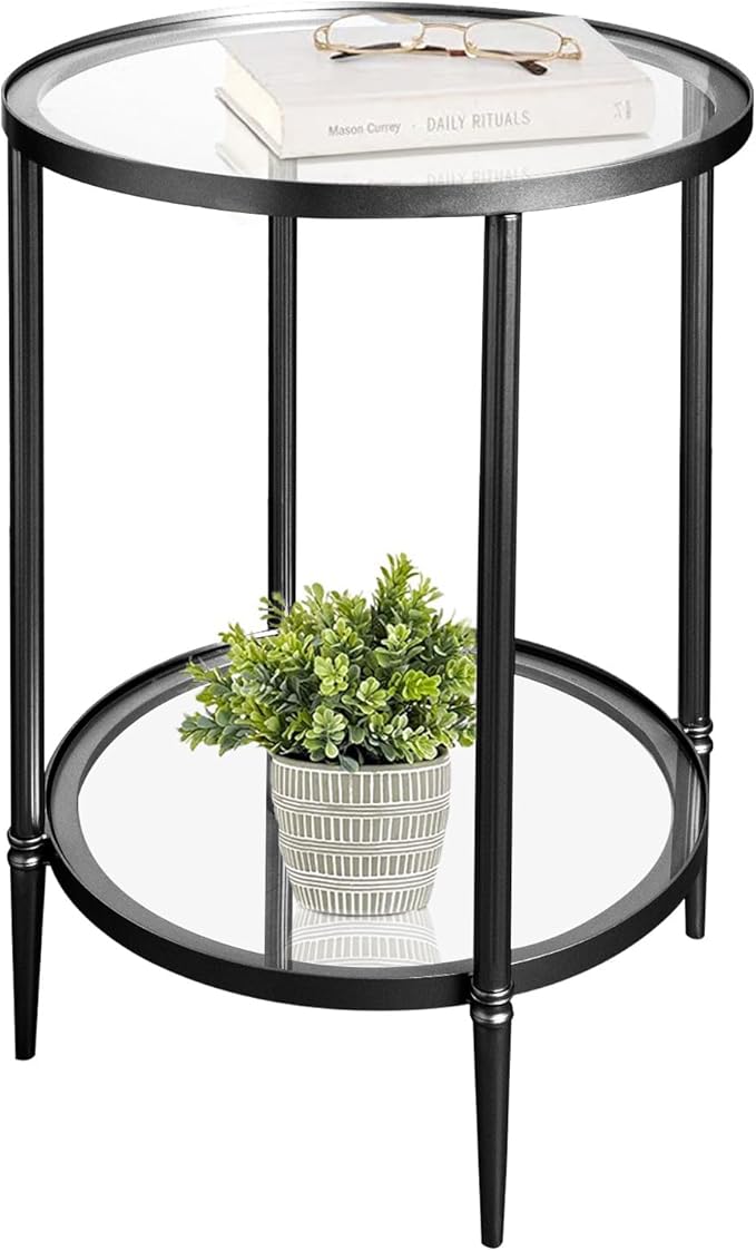 2 Tier Round Side Table, Black End Table with Glass Top, Modern Metal Clear Coffee Table，Small Accent Table for Living Room, Bedroom, 18" x 18" x 24"-Ruum Studio Home