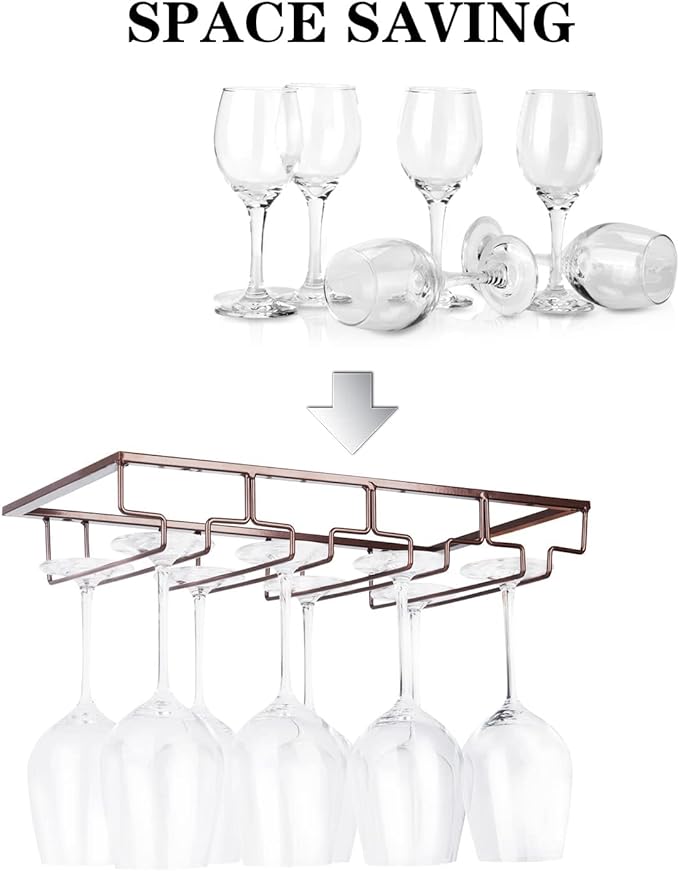 Wine Glass Rack Under Cabinet - Stemware Holder Metal Wine Glass Organizer Glasses Storage Hanger for Bar Kitchen Brown 4 Rows-Ruum Studio Home