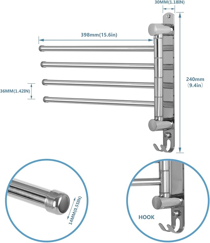 Bathroom Towel Rack JSVER Swivel 4 Arms Extended Towel Holder, SUS304 Stainless Steel Space Saving Towel Rack, Towel Racks for Bathroom, Kitchen-Ruum Studio Home