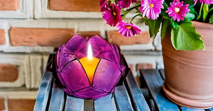 Blooming Lotus Capiz Shell Tealight Candle Holder, Handcrafted Decorative Tea Light Candleholder with Translucent Flower Petals for Ambient Illumination and Natural Elegance, Purple-Ruum Studio Home