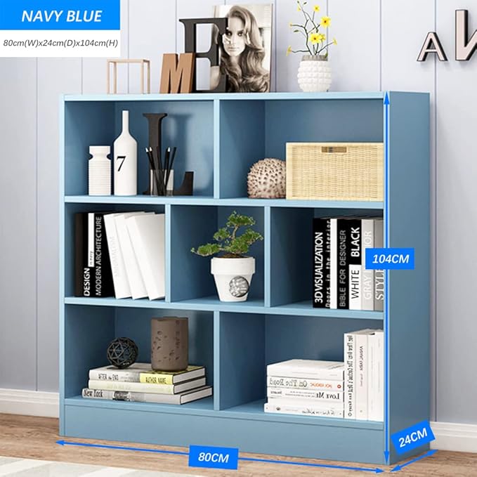 IOTXY Open Shelf Low Bookcase - Wooden 3-Tier Floor Standing Display Cabinet Organizer with Base, 7 Cubes Short Horizontal Bookshelf in Bright Blue-Ruum Studio Home