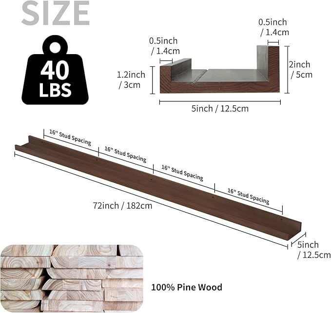 SAUMONIERES Picture Ledge Shelf Floating Book Shelves Set of 2 Wall Mounted Solid Wood for Bedroom Bathroom Living Room Kitchen, 72 Inch Walnut-Ruum Studio Home