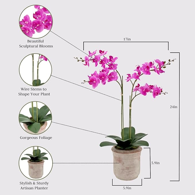 Faux Pink Orchid Plant, Premium Artificial Indoor Flower Display Stands 24”, Beautiful Sculptural Blooms That Lasts Forever, Grey Planter Pot Included-Ruum Studio Home