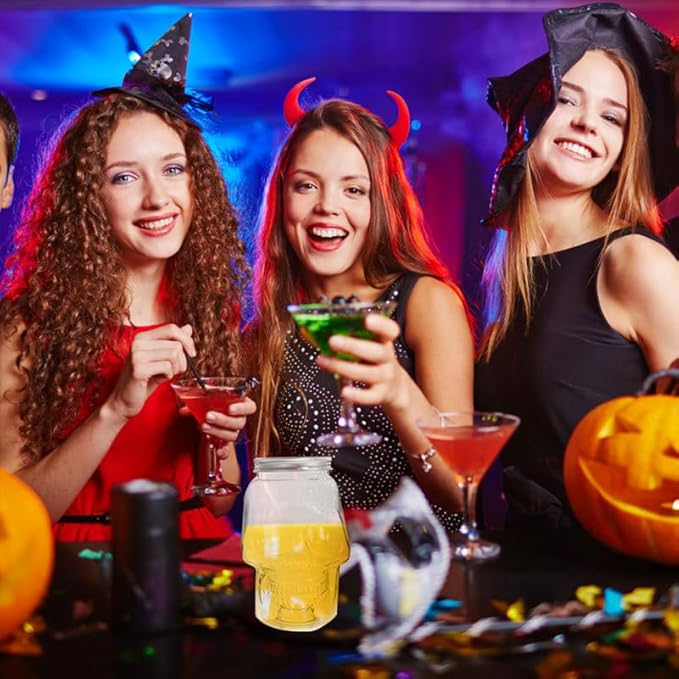 VOSAREA 4pcs Halloween Beverage Bottles Clear Skull Shaped Jar Cups 800ml Plastic Drink Bottles with Screw Straw Hole Lid Party Water Tumbler Skull Beverage Juice Mug-Ruum Studio Home