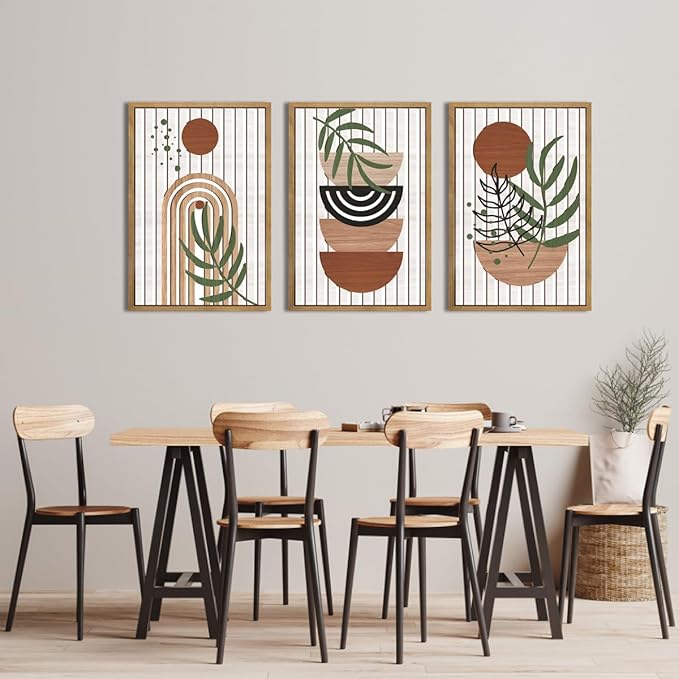 Large Boho Mid Century Wood Wall Art Set Modern Bohemian Wooden Wall Decor Minimalist Leaf Art Decor Abstract Geometric Wall Sculptures for Living Room Bedroom Office-16x24Inchx3-Ruum Studio Home