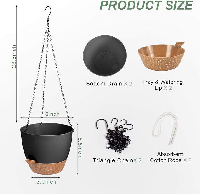 Hanging Planters for Indoor Outdoor Plants, 2 Pack Self Watering Hanging Pot with Drainage Holes & Removable Tray (Black, 6'')-Ruum Studio Home