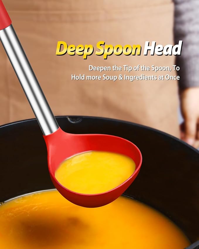 Silicone Pasta Fork and Ladle Spoon Set, Large Non Stick Kitchen Utensils for Cooking,Stirring,Serving Spaghetti, Soup, Sauce (RED)-Ruum Studio Home