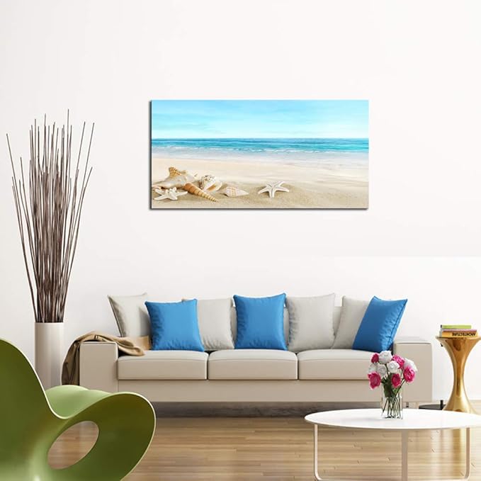 DZL Art S73975 Beach Picture Decor Ocean Painting Canvas Wall Art Prints of Starfish and Seashell on Sandy Seaside Ready to Hang for Living Room Bedroom Office Wall Decor Home Decoration-Ruum Studio Home