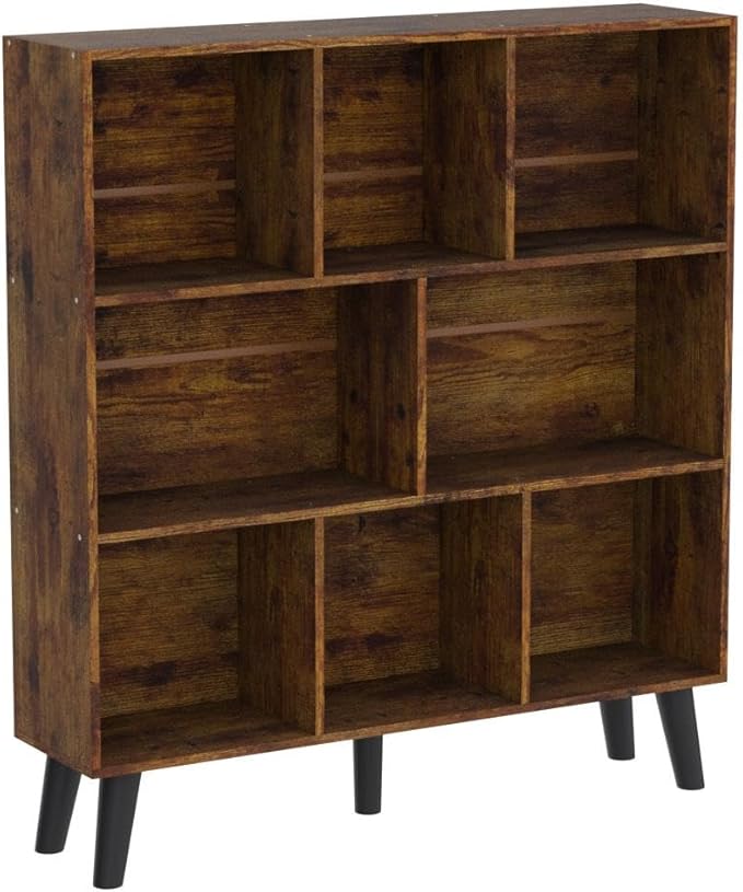 LEYAOYAO 8 Cube Bookshelf,3 Tier Bookcase with Legs,Rustic Brown Mid-Century Modern Bookshelves,Large Open Storage Organizer Shelf, Wooden Book Case-Ruum Studio Home