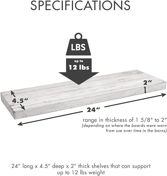 Urban Legacy Reclaimed Barnwood Planks | Floating Shelves for Wall w/Flush Mount Shelf Bracket Set Included | Set of 2 (White Wash, 24"x 4.5"x 2")-Ruum Studio Home