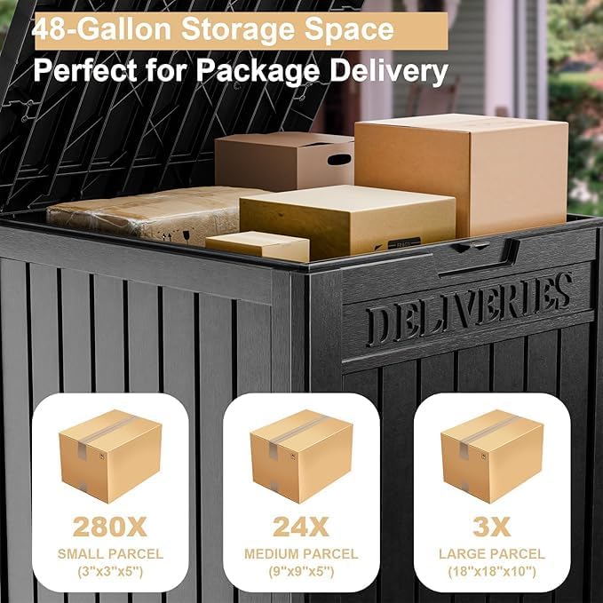 DRATO 48 Gallon Package Delivery Box, Large Lockable Storage Box, Double-Wall Resin Outdoor Package Delivery and Waterproof Deck Box for Porch, Patios-Ruum Studio Home