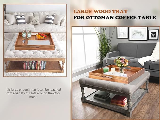 Large Ottoman Tray for Living Room, 20" Extra Large Tray for Ottoman Square Acacia Serving Trays with Handles for Coffee Table, Breakfast, Appetizers, Dinner-Ruum Studio Home