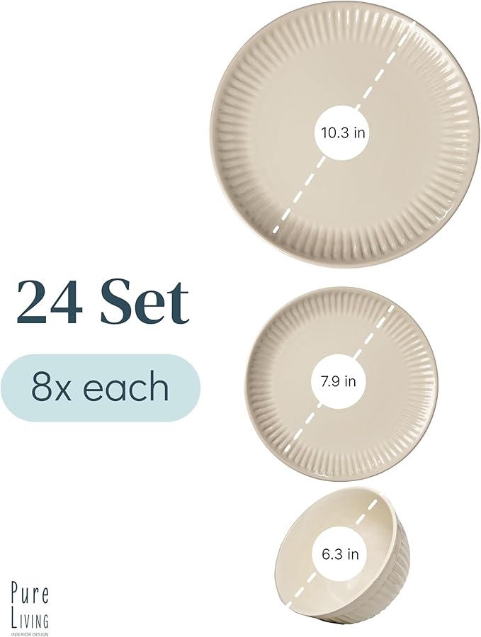 Stoneware Dinnerware Set for 8 People HYGGE 24-Piece - Elegant Scandi Design - Premium Dish Set - Bowl and Plate Set - Tableware for 8 People in a Ribbed Design - Pure Living in Light Brown-Ruum Studio Home