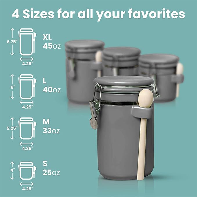 Home Intuition 4-Piece Ceramic Kitchen Canisters Set, Airtight Containers with Wooden Spoons Reusable Chalk Labels and Marker for Sugar, Coffee, Flour, Tea (Grey)-Ruum Studio Home
