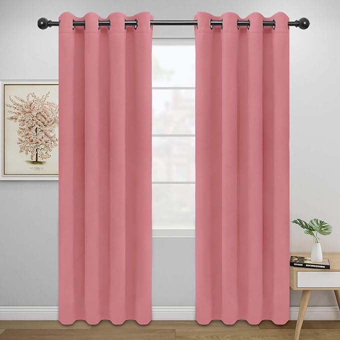 Easy-Going Blackout Curtains for Bedroom, Solid Thermal Insulated Grommet and Noise Reduction Window Drapes, Room Darkening Curtains for Living Room, 2 Panels (52x84 in,Pink)-Ruum Studio Home
