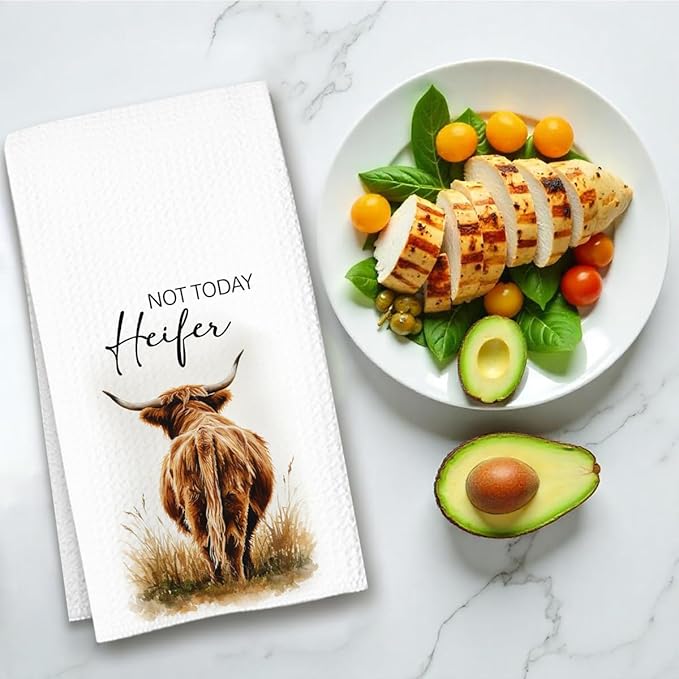 Not Today Heifer Highland Cow Hand Towels for Farmhouse Kitchen Bathroom Decor | Funny Waffle Weave Microfiber Dish Towel Western Gift-Ruum Studio Home