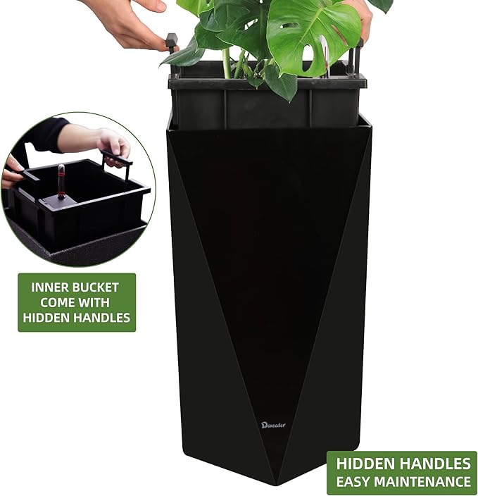 Dexceder 24 Inches Tall Self Watering Planter Diamond High Gloss Indoor Outdoor, Thickened Rhombus Large Floor Standing Flower Plant Pot with Water Level Indicator (Black)-Ruum Studio Home
