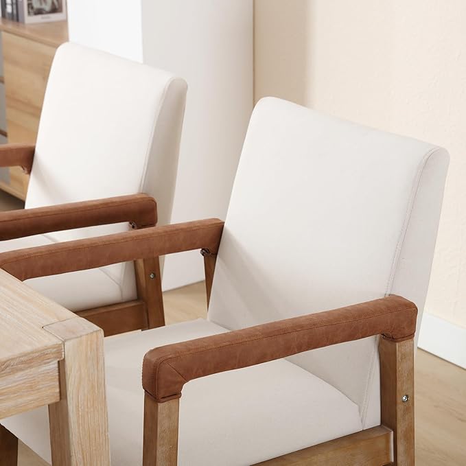Kmax Modern Dining Chairs Set of 4 Linen Fabric Kitchen Arm Chairs Upholstered Accent Chairs with Wooden Legs for Dining Room, Living Room, Bedroom, White-Ruum Studio Home
