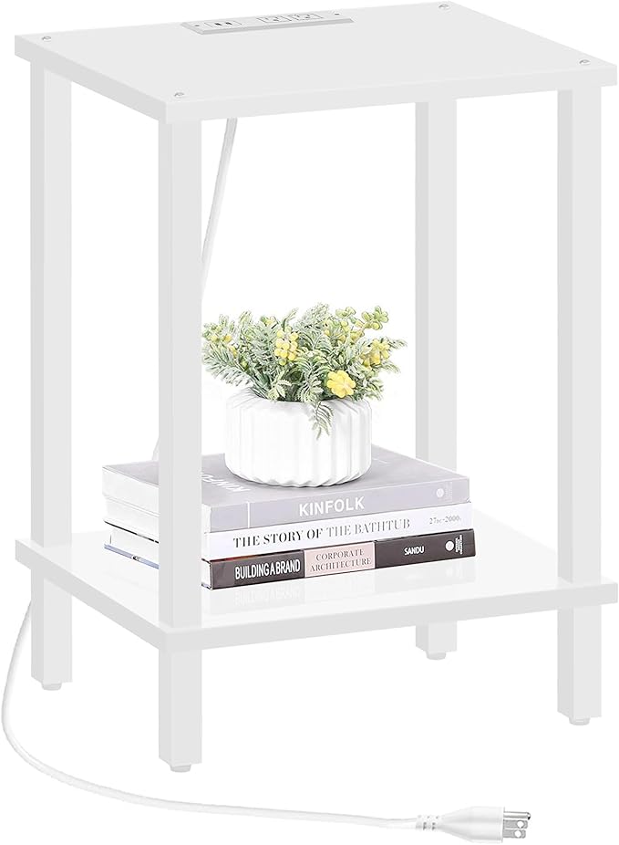 TUTOTAK End Table with Charging Station, Small Side Table with Outlets, Nightstand Bedside Table, 2-Tier Storage Shelf for Small Space, Living Room, Bedroom, White TB01BW040-Ruum Studio Home