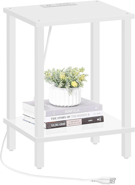 TUTOTAK End Table with Charging Station, Small Side Table with Outlets, Nightstand Bedside Table, 2-Tier Storage Shelf for Small Space, Living Room, Bedroom, White TB01BW040-Ruum Studio Home