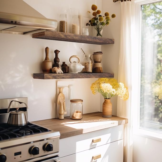 LaVie Home Floating Shelves, 24 Inch Wall Shelf Set of 2, Hanging Shelf with Invisible Brackets, Wall Decor for Bathroom, Bedroom, Living Room, Kitchen Storage, Rustic Brown-Ruum Studio Home