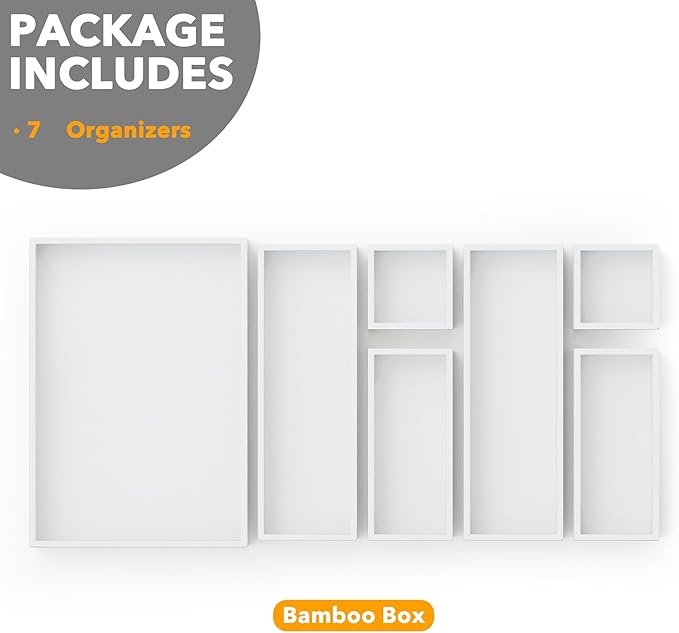 SpaceAid 7-Piece Bamboo Drawer Organizer Storage Boxes Set, Wood Tray Junk Drawer Organizers Multi-Use Divider Bins for Kitchen, Bathroom, Office Desk and Makeup Organization (7 Pack, White)-Ruum Studio Home