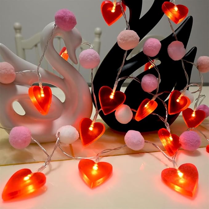Red Heart String Lights 9.85 Ft Valentines Light with 20 LEDs 20 Pink Pom Poms Garland Lights Battery Operated with Timer Valentines Decorations for Wedding Party Valentine Decor-Ruum Studio Home