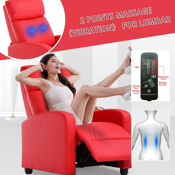 BestMassage | Recliner Chair | with 2 Point Massage Function | Pu Red | with Lumbar Support, Adjustable Push Back, Footrest & Padded Seat | Easy Assembly | for Living Room, Home Theatre-Ruum Studio Home