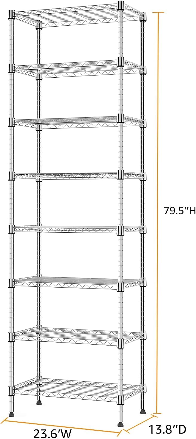 8 Tier 2000 lbs Storage Rack Metal Wire Shelving Unit, Storage Standing Shelf Organizer for Laundry Bathroom Kitchen Pantry Closet Garage Utility Room, Chrome 13.8" D x 23.6" W x 79.5" H-Ruum Studio Home